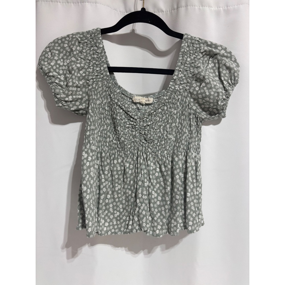 LA Hearts Smocked Top‎ Womens XS Green Excellent Floral Puff Sleeve Blouse